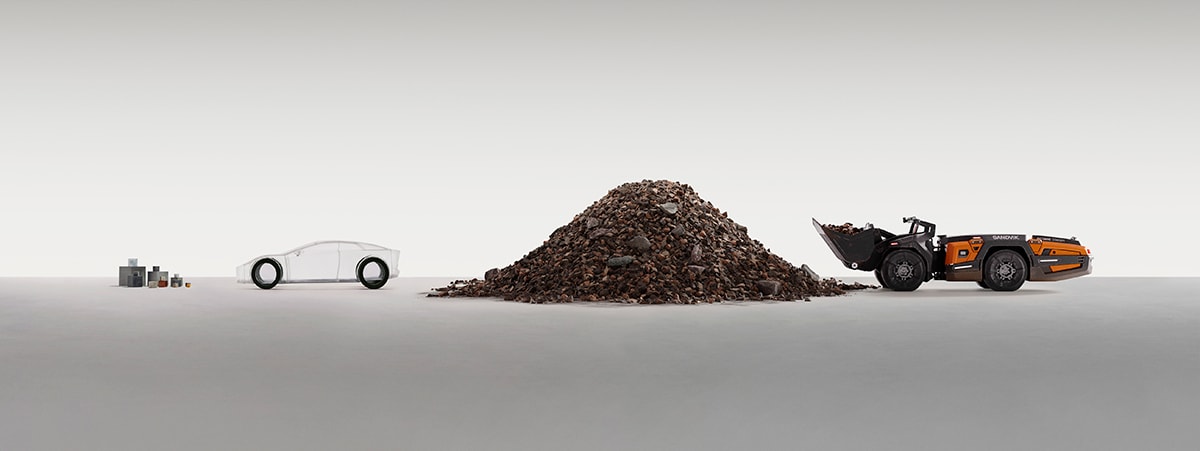 Electric vehicle materials illustrated: Sandvik loader moving ore toward a car outline showing high mineral demand.