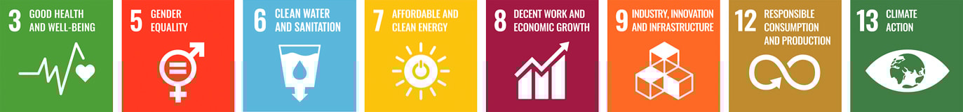 The square icons for SDGs 3, 5, 6, 7, 8, 9, 12, 13 lying in a row.