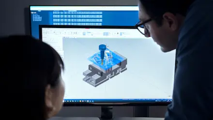 A woman and a man looking at a computer screen with an image of a toolpath for a milling operation which is generated using CAM software