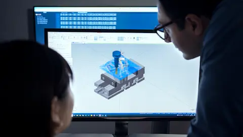 A woman and a man looking at a computer screen with an image of a toolpath for a milling operation which is generated using CAM software